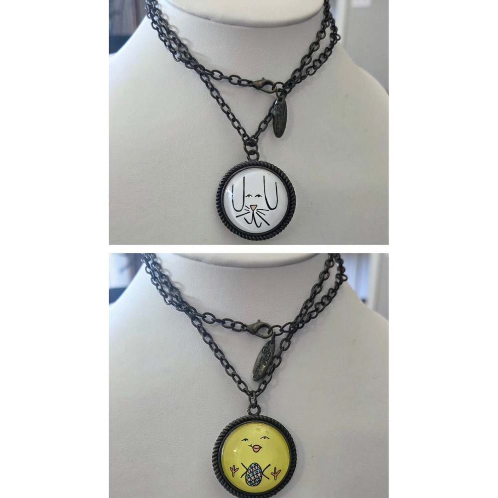 Plunder‎ Glass Charm Pendant Necklace Easter Bunny Chick Egg Double Sided 25"